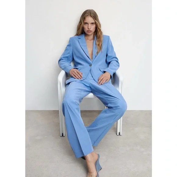 NWOT Mango Blue Wide-Leg Trousers High-Waisted - Picture 5 of 7